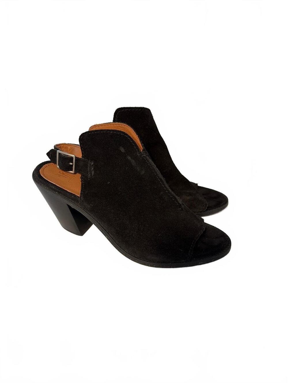 FRYE Courtney Black Suede Peep Toe Slingback Block Heels Size 10